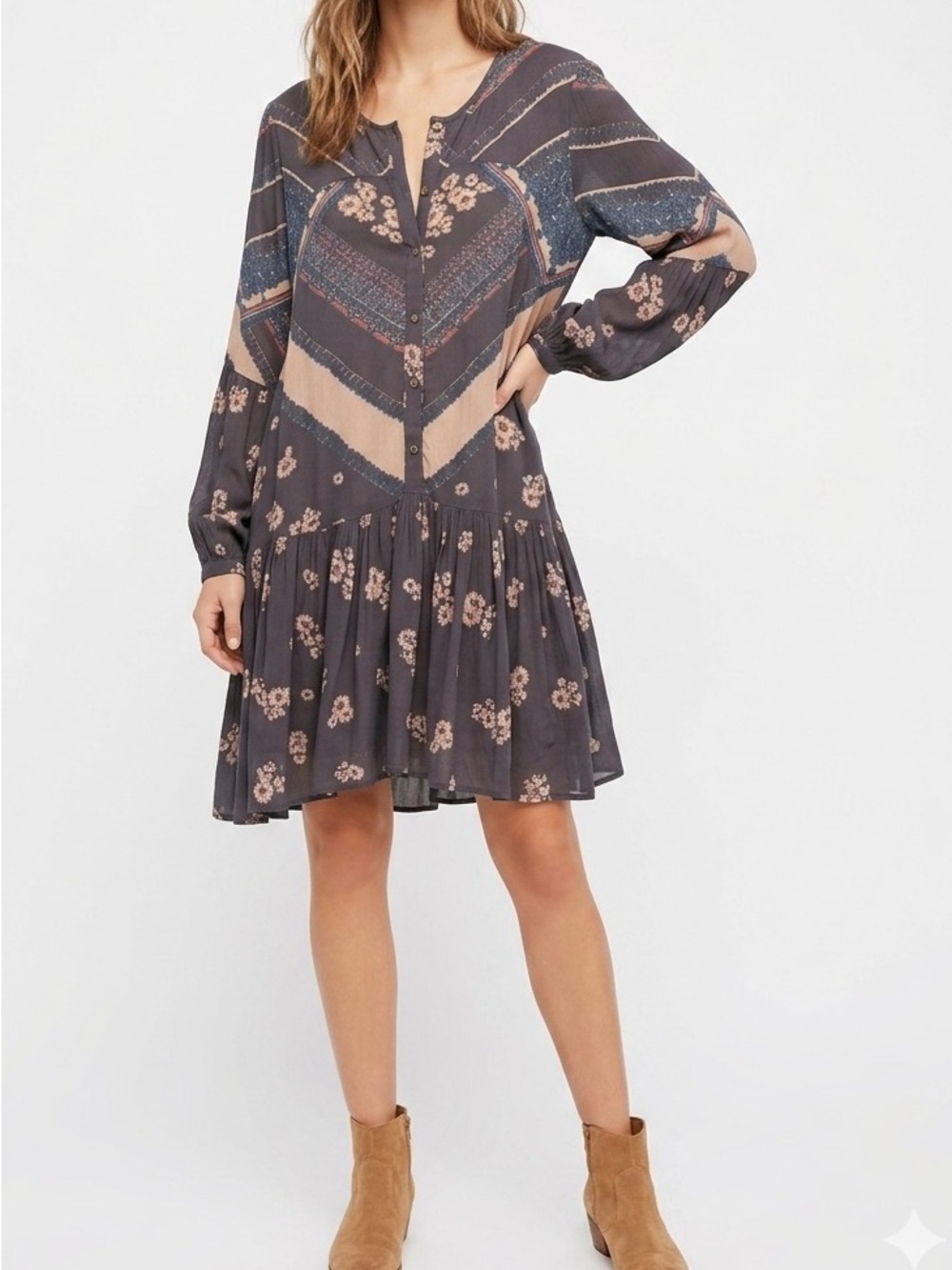 Free People From Your Heart Boho Tunic Mini Dress Chevron Floral Midnight S